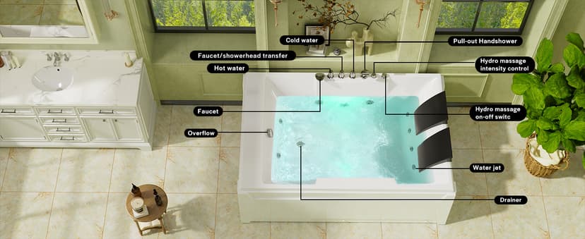 72-Inch Whirlpool Jetted Tub,Acrylic Hydro Massage Bathtub with 10 Jets, Color-Changing LED Lights,2-Person Jetted Bath Tub for Couples