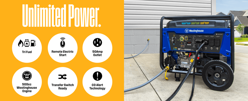 Westinghouse 13500 Peak Watt Tri-Fuel Home Backup Portable Generator, Remote Electric Start, Transfer Switch Ready, Gas, Propane, and Natural Gas Powered