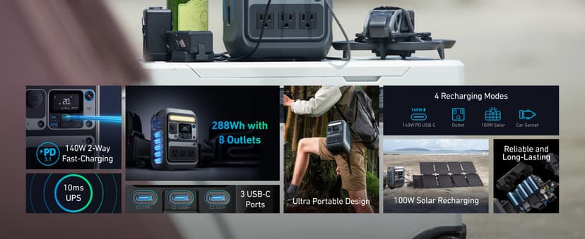 Anker SOLIX C300 Portable Power Station, Outdoor 288Wh LiFePO4 Battery, 300W (600W Surge) Solar Generator, 140W Two-Way Fast Charging, for Camping, Traveling, and Emergencies (Solar Panel Optional)