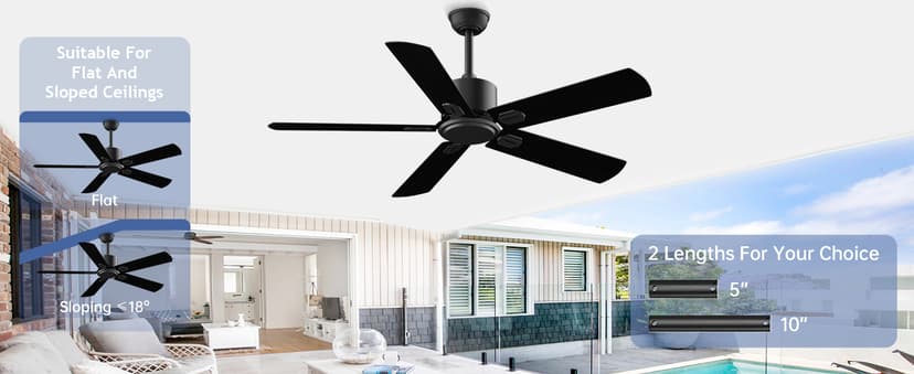 52 Inch Ceiling Fan No Light - Outdoor Indoor Flush Mount Low Profile DC Motor Fan with Remote, 5 Blades Reversible Silent Fan for Patio, Bedroom, Living Room, Garage