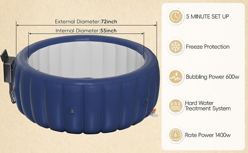 2-4 Person Inflatable Hot Tub, Portable Outdoor Spa with 146 Soothing Air Jets(73" x 28"), Portable Hot Tub with Cover and Heater Pump, Blue