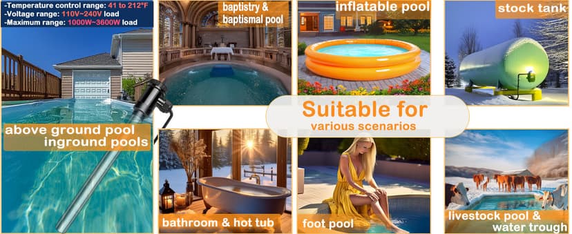 1800W Portable Fully Submersible Electric Pool And Hot Tub Immersion Water Heater With Gfci Plug, Thermostat For Bathtub, Inflatable, Swimming Above Ground Pools, Bathtub,Baptistry, Baptismal Pool