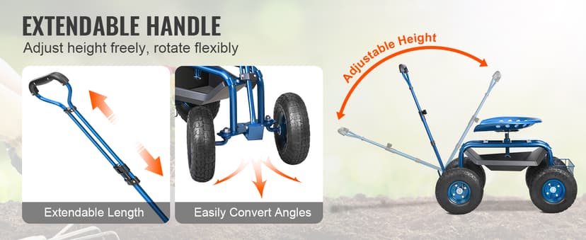 VEVOR Rolling Garden Work Seat with Wheels, Gardening Stool for Planting, 360 Degree Swivel Seat, Garden Scooter with Steering Handle & Tool Tray, Garden Chair for Outdoor, Patio and Yard, Blue