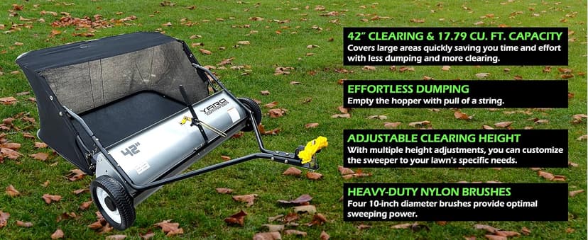 42-Inch Tow-Behind Lawn Sweeper, 10" Nylon Brushes, Universal Tractor/ATV Hitch, Never-Flat Wheels, Adjustable Height, 1-Year Warranty, Ideal for Leaves, Grass & Debris