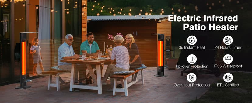 ThermoMate Outdoor Indoor Electric Patio Heater, 1500W 38.5" Portable Tower Infrared Heaer, IP55 Rated Space Radiant Heater with Remote, Timer, Tip-over Protection for Backyard, Restaurant & Garage