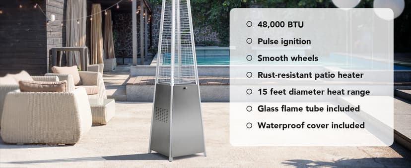 Pamapic Patio Heater, 48,000 BTU Pyramid Flame Patio Outdoor Heater with Cover, Quartz Glass Tube Stainless Steel Propane Heater with Wheels (Stainless Steel Color)