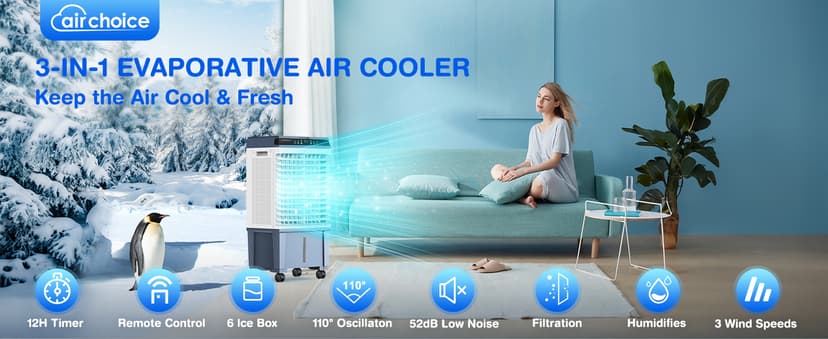 Air Choice Swamp Cooler, 1800 CFM Portable Evaporative Air Cooler with 6 Ice Box & 5.3 Gal Water Tank, 110° Swing, 3 Speeds, Upgraded Remote, 12H Timer, 3-in-1 Air Cooling Fan for Outdoor Indoor, Blue