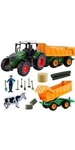 Farm Toys Tractor with Trailer-16.5 Inches Tractor Playset 1/24 Scale Gripper Frontloader Spreader for Boys Kids Toddlers Age 3-7 Years Old