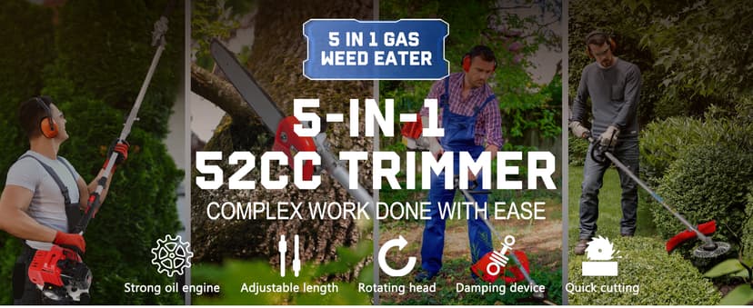 5-in-1 Weed Wacker Gas Powered – 52CC 2-Stroke String Trimmer/Edger, Pole Saw, Hedge Trimmer and Brush Cutter Blade with Extension Pole – Gas Powered Yard Tool for Landscaping (GC5080)