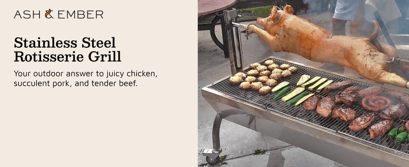 TITAN GREAT OUTDOORS Ash & Ember 13W Stainless Steel Rotisserie Grill, Rated 85 LB for Medium Game, 4 RPM Rotation Speed, Outdoor Grill with Dual Prong Spit Rod, Single Leg Bracket, and Spine Fork