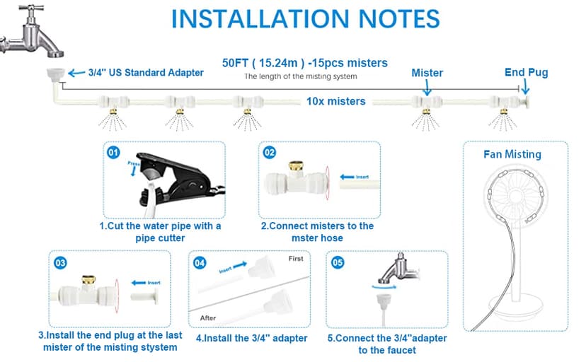 Misters for Outside Patio,Misting System for Cooling Outdoor,50Ft (15M),Water Mist Hose DIY Kit for Porch,Canopy,Deck,Umbrella,Garden,Greenhouse,Yard,Plants,Trampoline Sprinkler Accessories for Kids