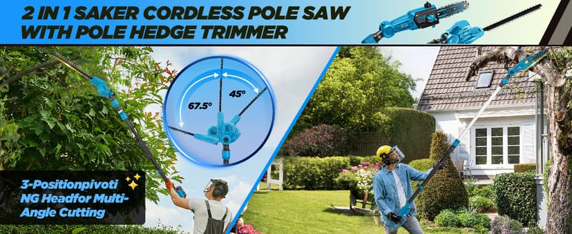Saker Pole Saw and Pole Hedge Trimmer for Tree Trimming,66.9-98.4Inch Electric Pole Saw and Hedge Trimmer with Extension Pole,Cordless Electric Trimming Tools with Pole and 2.0Ah Battery & Charger
