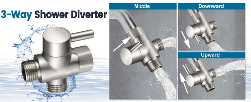 Shower Arm Diverter Valve for Hand Held Showerhead and Fixed Spray Head,G 1/2 3-Way Bathroom Universal Shower System Replacement Part/Brass (Brushed Nickel)