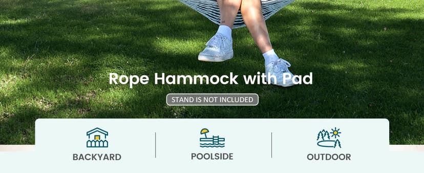 ANOW Outdoor Rope Hammock with Spreader Bars, Heavy Duty Hammock with Pad for Outdoors Indoors, 450 LBS Weight Capacity, Gray