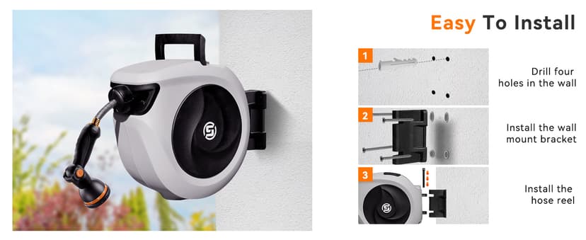 SUNPOW Retractable Garden Hose Reel 1/2 Inch x 33ft - Wall Mounted Hose Reel with 3/4 Inch Brass Fittings & 10-Pattern Nozzle - Auto Rewind System, Any Length Lock, 180° Swivel Bracket