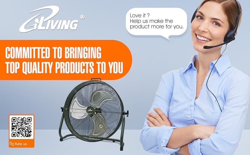 iLiving 18" Rechargeable Battery Operated Camping Floor Fan, High Velocity Portable Outdoor Fan with Metal Blade, With Built-in Lithium Battery for Whole Day Usage, 18 Inches, Military Green