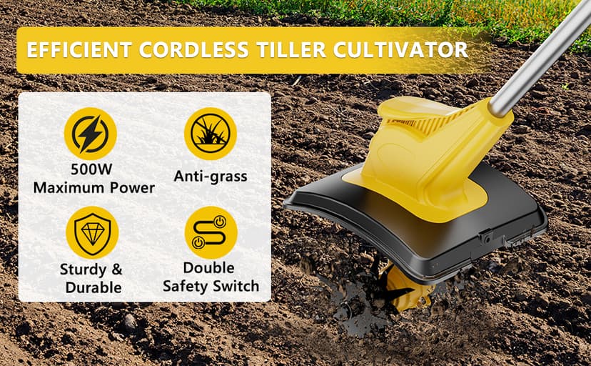 21V Cordless Tiller Cultivator, 360 Max RPM Cordless Electric Garden Tiller with 2 * 3.0 Ah Battery & Fast Charger, 9.06" Tilling Width, 6.3" Depth, Portable Rotary Tiller for Lawn Soil Cultivation