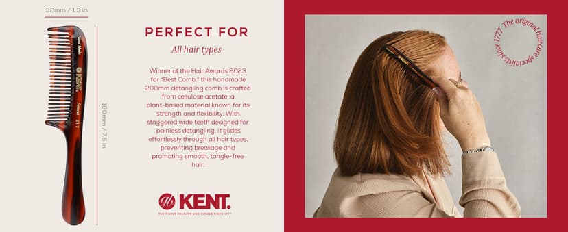 KENT 21T 8 Inch Large Hair Detangling Comb, Wide Teeth for Thick Curly Wavy Hair. Long Hair Detangler Comb For Wet and Dry. Handmade of Quality Cellulose, Saw-Cut Hand Polished, Made in England