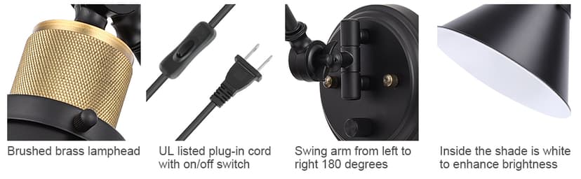 TRLIFE Wall Sconce Plug in, Dimmable Wall Sconce Wall Lights with Plug in Cord and Dimmer On/Off Knob Switch, Swing Arm Wall Light for Bedside Bedroom Stairway Living Room(1 Pack, 1 Bulb Included)