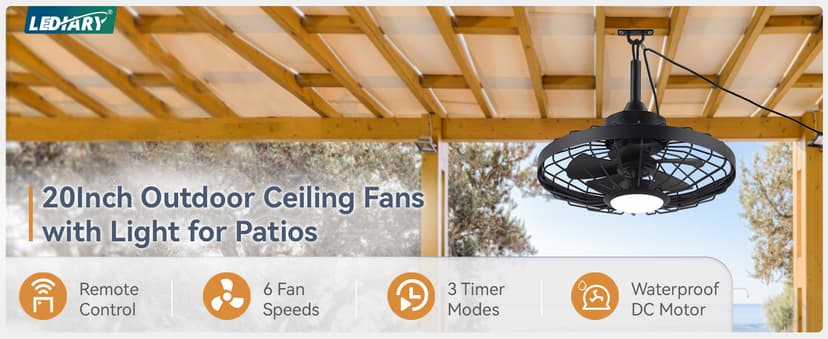 LEDIARY 20" Outdoor Ceiling Fans with Lights and Remote Control, Waterproof Caged Ceiling Fan with 3 Color LED Light,Portable Hanging Gazebo Fan with Plug in Cord Hook for Patios,Black