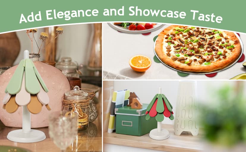 Silicone Trivets for Hot Dishes,Tree Shaped Trivets Set for Hot Pots and Pans, Tree Coasters/Tree Trivets,Hot Pads for Kitchen Decor and Accessories, 3 Pot Holders and 1 Stand (Christmas Round)