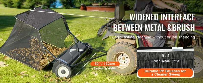 VEVOR 52 Inch Lawn Sweeper Tow Behind, 26 cu.ft. Large Pull Behind Grass Sweeper, Heavy Duty Leaf & Grass Collector with Dumping Rope Design, Adjustable Sweeping Height for Picking Up Debris & Grass