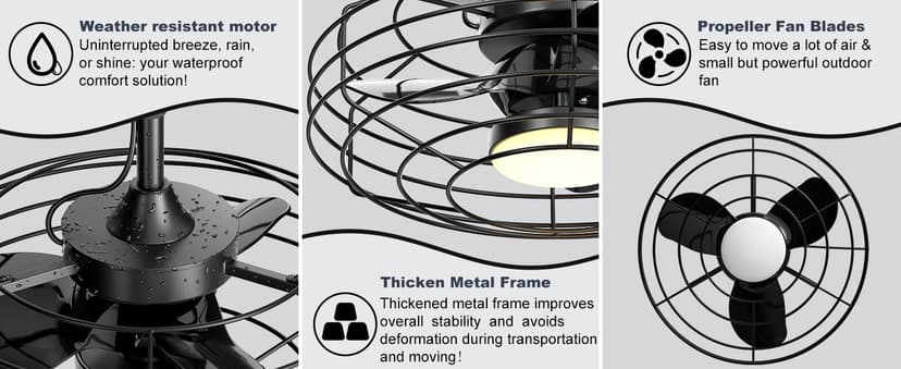 Outdoor Ceiling Fans with Light for Patios, 20'' Wet Rated Gazebo Fan Remote&APP Control, Dimmable Hanging Fan with Plug in Cord for Pergola, Black