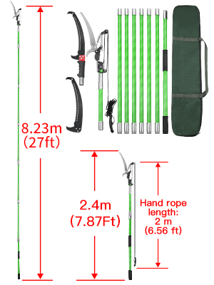 27 Feet Tree Pole Pruner Manual Branches Trimmer Tree Branch Garden Tools Loppers Hand Pole Saws Extendable Height Adustable System for Sawing and Shearing