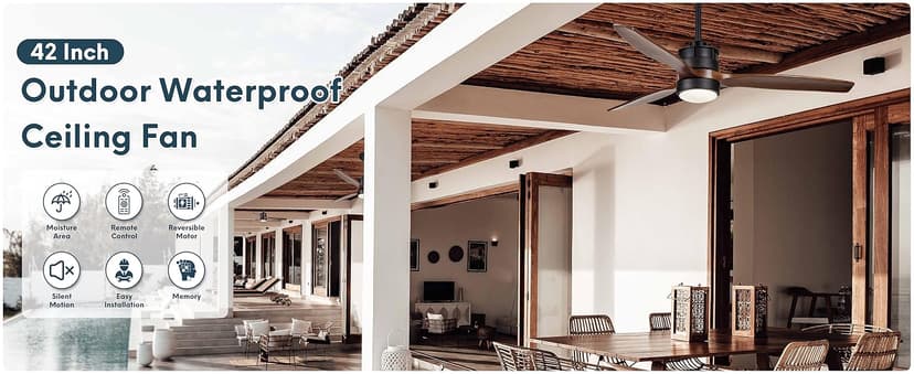 EKIZNSN 42'' Outdoor Waterproof Ceiling Fan with Light for Patios, 3 Blade Wet Rated Ceiling Fans, DC Motor w 6 Speeds, Walnut Wood