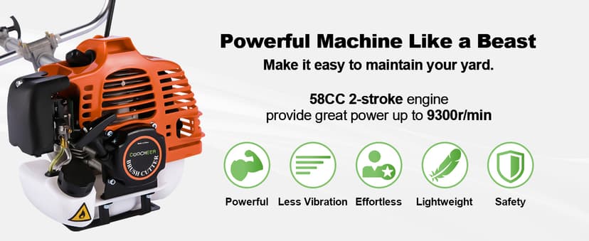 58CC Weed Wacker Gas Powered 2-Cycle 4 in 1 Gas Weed Eater 18.5" Cutting Path Gas Brush Cutter with 4 Detachable Heads Straight Shaft String Trimmer Grass Cutter Machine for Weeds and Grass, Orange