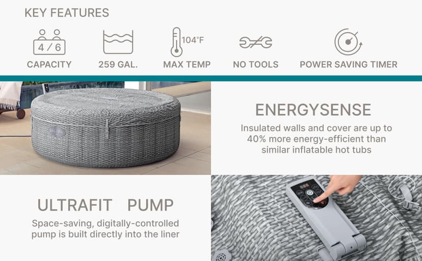 Bestway SaluSpa Bali Smart AirJet Inflatable Hot Tub Round Portable 4 to 6 Person Spa with 140 AirJets, App Control and EnergySense Cover, Grey Rattan