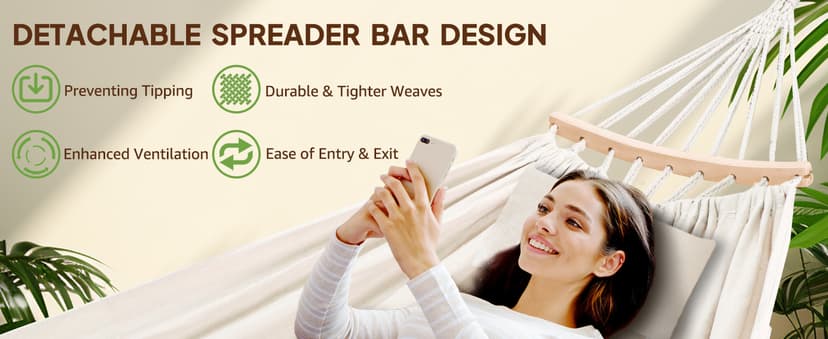 Chihee Cotton Hammock Large Soft Breathable Camping Hammock Holds Up to 660lbs Portable Tree Hammock with Detachable Spreader Bar Pillow 2 Strong Webbings 2 Carabiners Patio Garden Indoor Outdoor