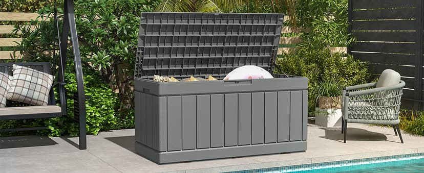 Patiowell 82 Gallon Resin Deck Box, Waterproof Large Wood Look Storage Box for Patio Furniture, Pool Accessories, Garden Tools and Sports Equipment, Lockable, Grey