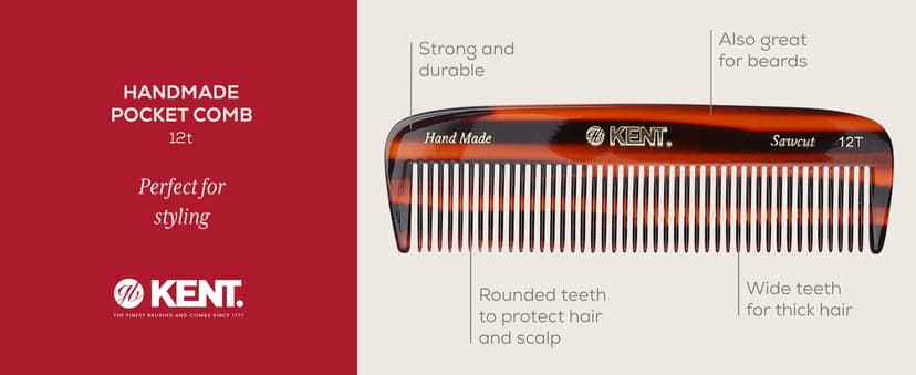 KENT 12T Wide Tooth Detangling Comb - 5.5" Handmade Pocket Comb for Thick, Curly, and Wavy Hair, Large Tooth Grooming Comb for Hair, Beard, and Mustache - Saw-Cut and Hand Polished