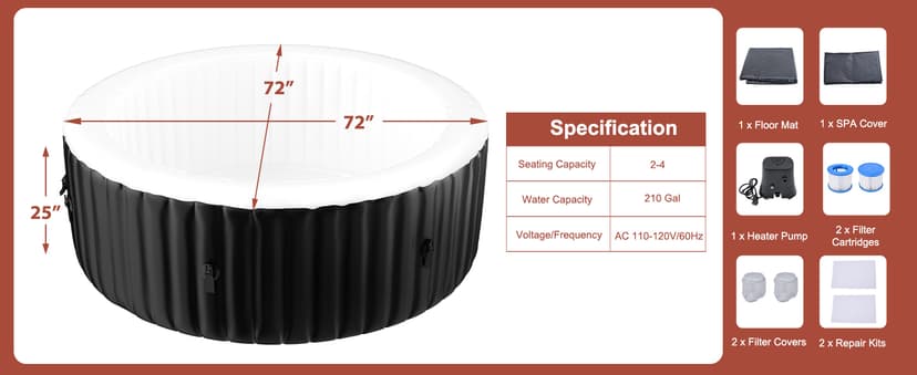 LILYPELLE 2-4 Person Inflatable Hot Tub, Portable Large Round Hottub with 120 Bubble Jets, Outdoor Spa Set Included Heater Pump, Filter and Spa Cover, 72" X 72" X 25"
