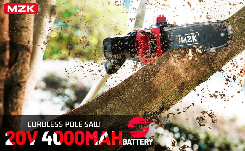 MZK 8'' Cordless Pole Saw, 4AH Battery Powered Pole Saws, 13-Foot Reach Chain Saw for Tree Trimming with Oiling System, 20V Electric Pole Chainsaw, Multi-Angle Head(Battery and Fast Charger Included)