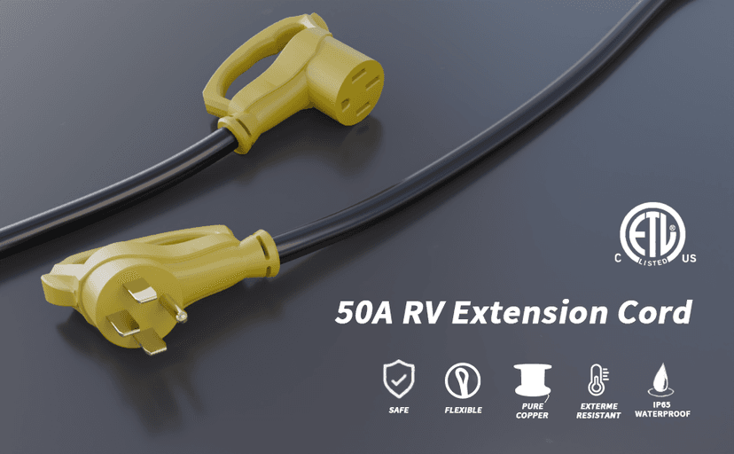 30 FT 50 Amp RV/EV Extension Cord Outdoor with Grip Handle, 4 Prong Flexible Heavy Duty 6/3+8/1 Gauge STW RV Power Cord Waterproof, NEMA 14-50P to 14-50R, Black-Yellow, ETL Listed