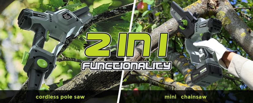 2-in-1 Cordless Pole Saw (2025 Upgraded), 7 Inch Brushless Mini Chainsaw with Extension Pole, Pole Saws for Tree Trimming Battery Powered with 2x 20V 4000 mAh Battery, 16ft Reach Electric Pole Saw