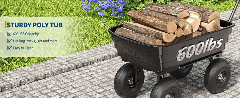 Poly Dump Cart - Heavy Duty 600lbs Garden Cart with Quick-Release Dumping & No-Flat 10" Tires, Utility Wagon for Yard Work, Landscaping, Gardening