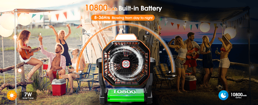 10800mAh Solar Powered Fan, 7W Solar Camping Fans & Led Lantern, 8-inch Rechargeable Fan with Solar Panel, Battery Operated Powered Outdoor Tent Fans for Camping Essentials Accessories