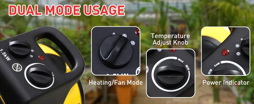 EAGLE PEAK 1500W Electrical Outdoor Heater with Thermostat, Heater for Greenhouse, Grow Tent, Garage, RV, Water Resistant IPX4, Overheat Protection Radiant Heating, Yellow