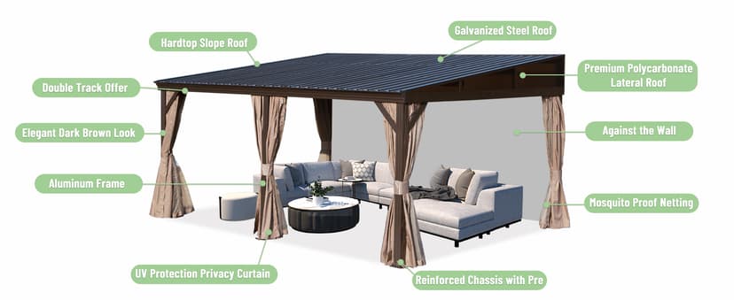 DOMI 12x16FT Lean to Gazebo, Outdoor Hardtop Wall Mounted Gazebo with Sloping Galvanized Steel Roof, Durable Aluminum Frame, Netting Curtain for Deck, Porch, Backyard