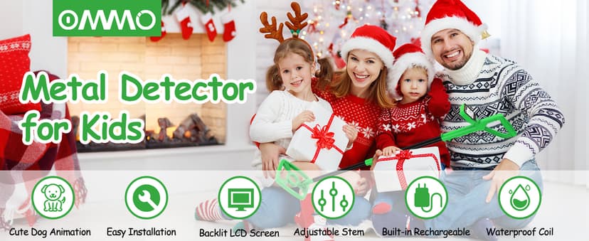 OMMO Metal Detector, Rechargeable Built-in Battery Kids Metal Detector with Funny LCD Display, Adjustable Metal Detectors for Kids with Waterproof Search Coil USB Cable for Detecting Treasure