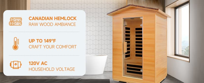 Outdoor Sauna 2 Person Far Infrared Saunas Dry Home Sauna Room Hemlock 1 to 2 Person Wood Sauna 1950W/110V Low EMF with Bluetooth Speaker, Reading Light, Cup Holder and Towel Rack - 47*39*82 IN