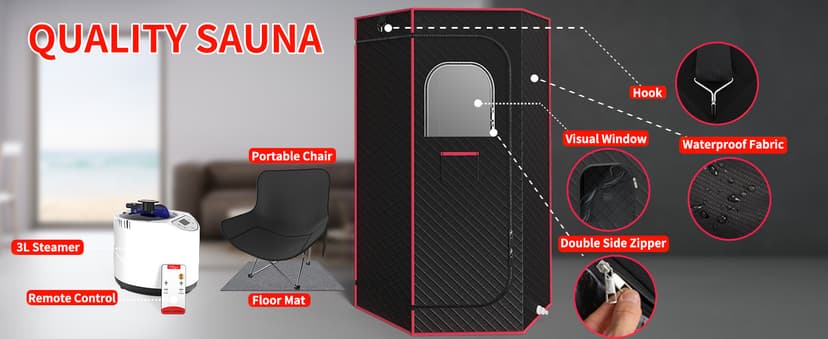 Portable Sauna Box, Steam Sauna for Home with 3L Steamer, Remote Control, Folding Chair and Mat, Personal Sauna Tent for Wellness & Relaxation, 15 Levels, Red