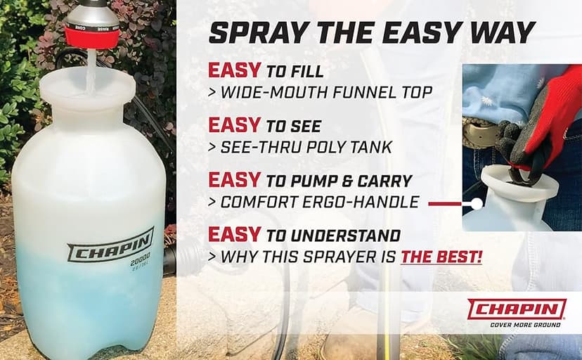 Chapin 20000 Made in USA 1 -Gallon Lawn and Garden Pump Pressured Sprayer, for Spraying Plants, Garden Watering, Weeds and Pests, Polypropylene, Translucent White