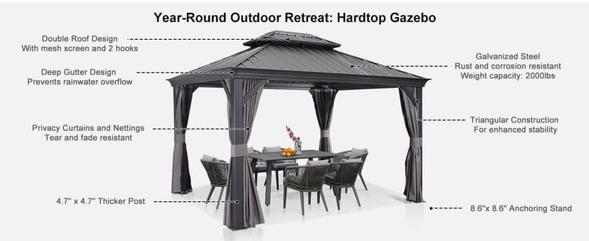 PURPLE LEAF 10' X 12' Permanent Hardtop Gazebo Aluminum Gazebo with Galvanized Steel Double Roof for Patio Lawn and Garden, Curtains and Netting Included, Grey