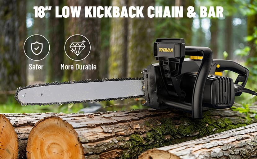 DCS08A Electric Chainsaw, One-Step Tool-Free Tensioning, Oregon Bar & Chain, Low Kickback, Mechanical Brake, Automatic Chain Lubrication, 18-Inch 15-Amp Electric Chainsaw corded with 2 Chains
