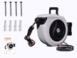 SUNPOW Retractable Garden Hose Reel 1/2 Inch x 33ft - Wall Mounted Hose Reel with 3/4 Inch Brass Fittings & 10-Pattern Nozzle - Auto Rewind System, Any Length Lock, 180° Swivel Bracket