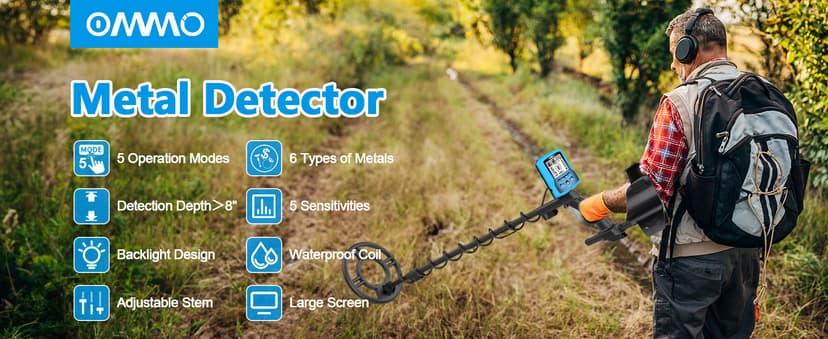 OMMO Metal Detector for Adults With Adjustable Stem, 5 Detection Modes, Higher Accuracy Gold Detector, IP68 Waterproof Coil for Detecting Treasure